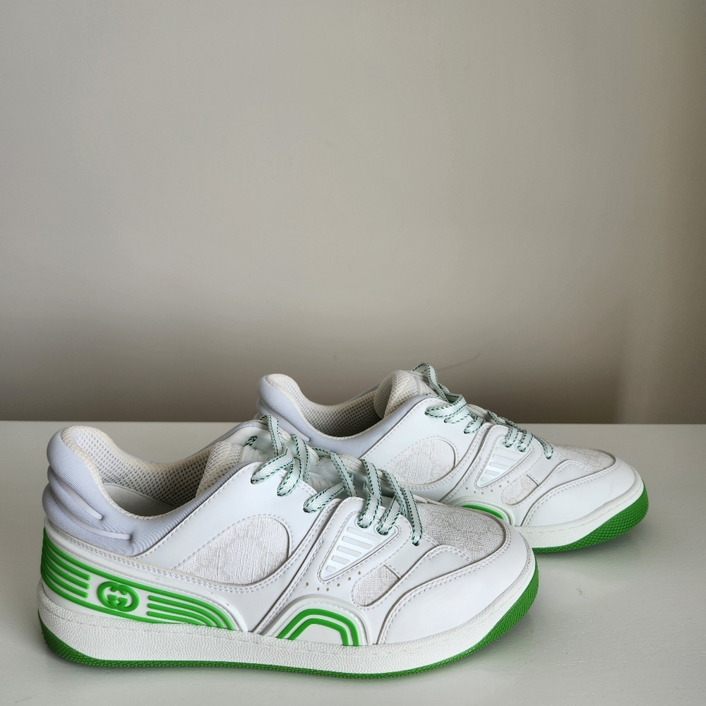 Gucci Monogrammed Coated Canvas Sneakers in Cloud White & Neon Green, Mens 5